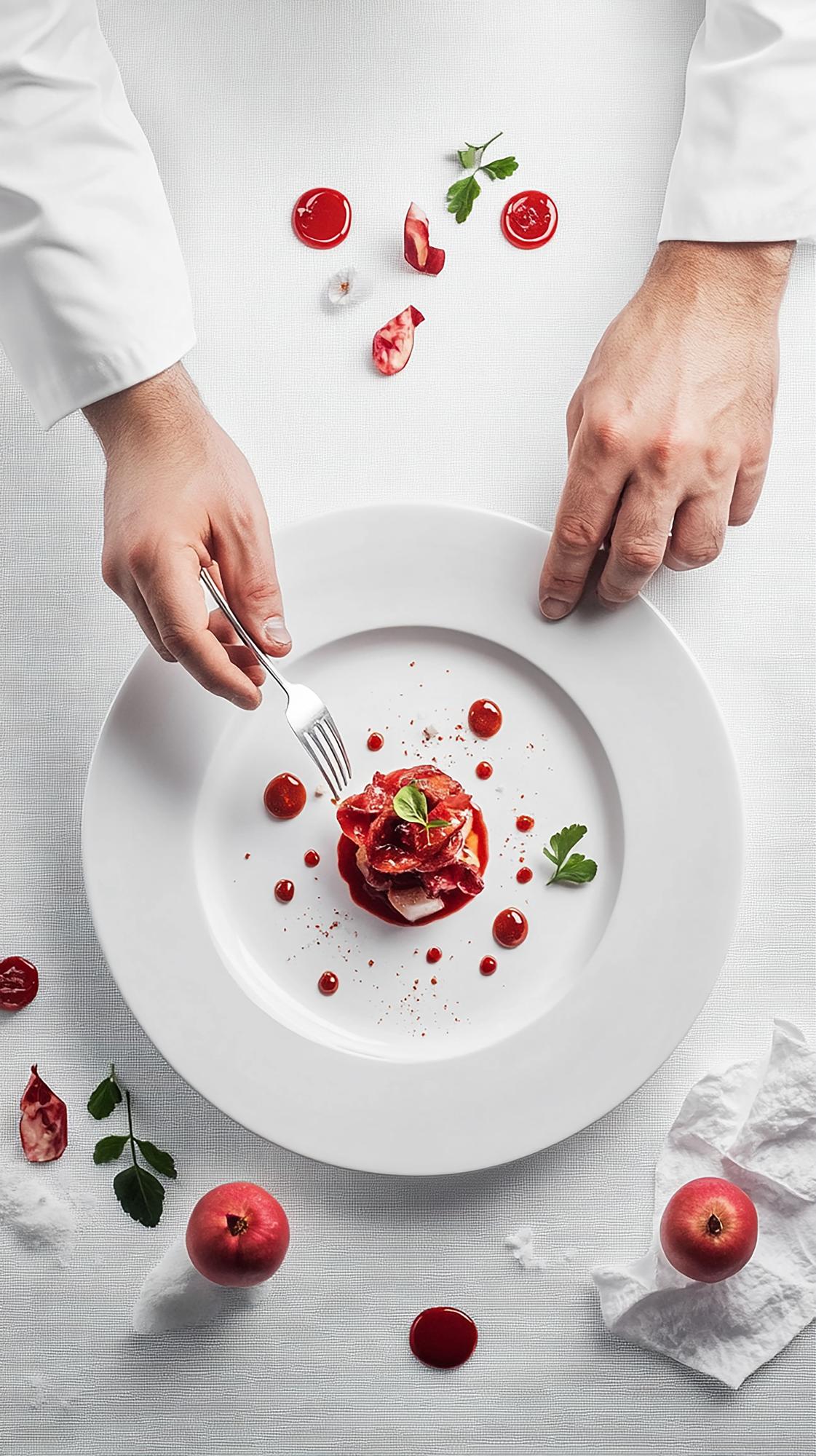 hands plating a dish step-by-step